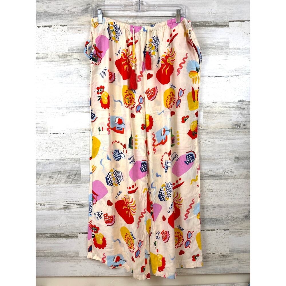 True Destinations Womens XL Multi Boho Tassel Wide Leg Lounge Beach Pants